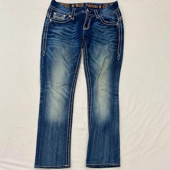 Rock Revival Straight Leg Low Rise Jeans Blue Bluebell Bling Y2K Womens 28 - Picture 2 of 13